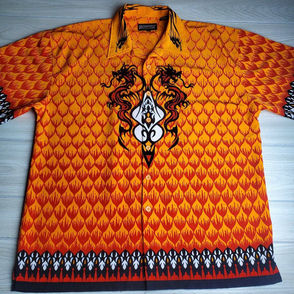 Dragonfly Orange Flying Dragons Tribal Button Shirt sz Large